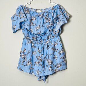 Nwt Everly Blouse Women's Medium Blue Floral Romper Off‎ Shoulder Ruffle Fairy